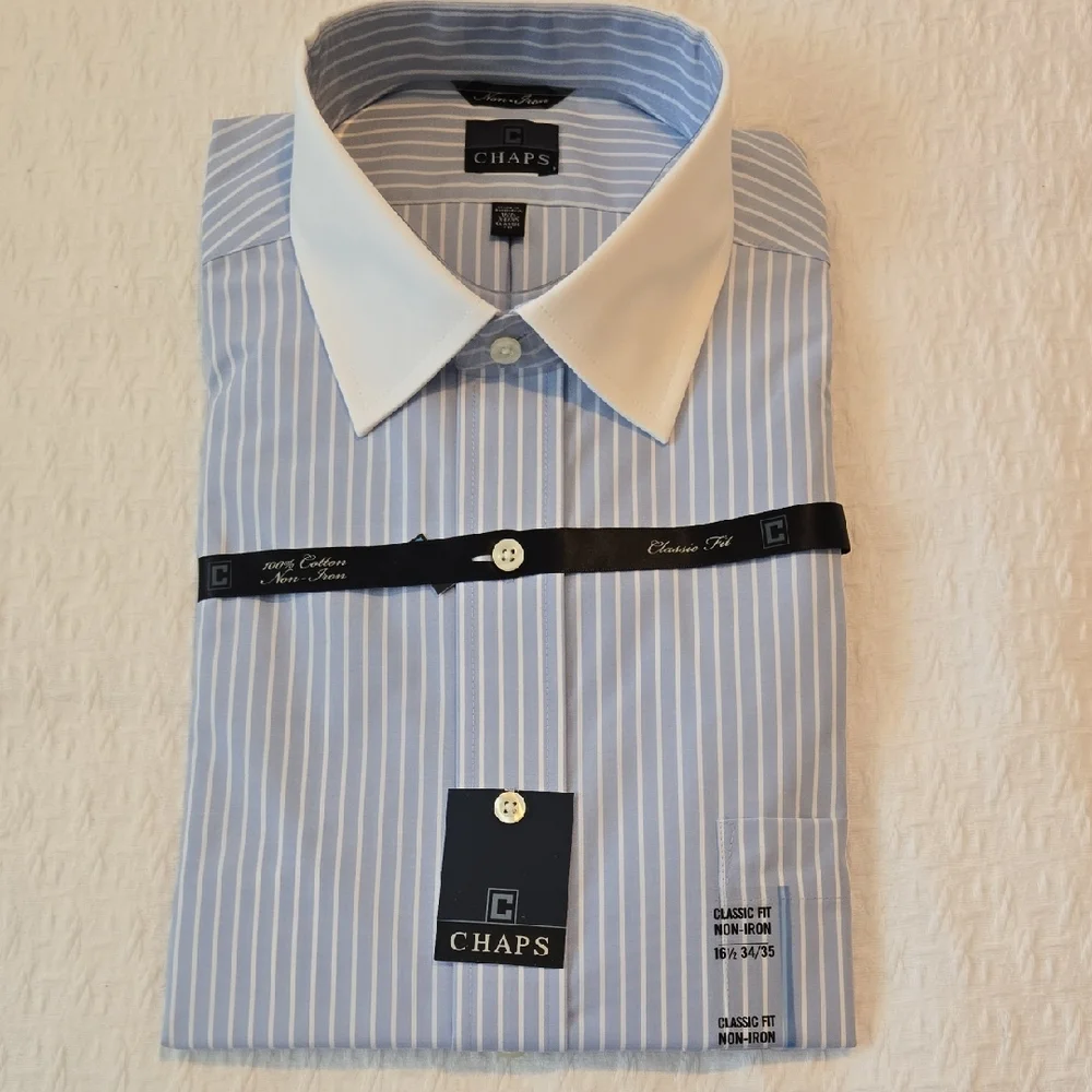 Chaps Light Blue and White Striped Dress Shirt - Picture 1 of 5